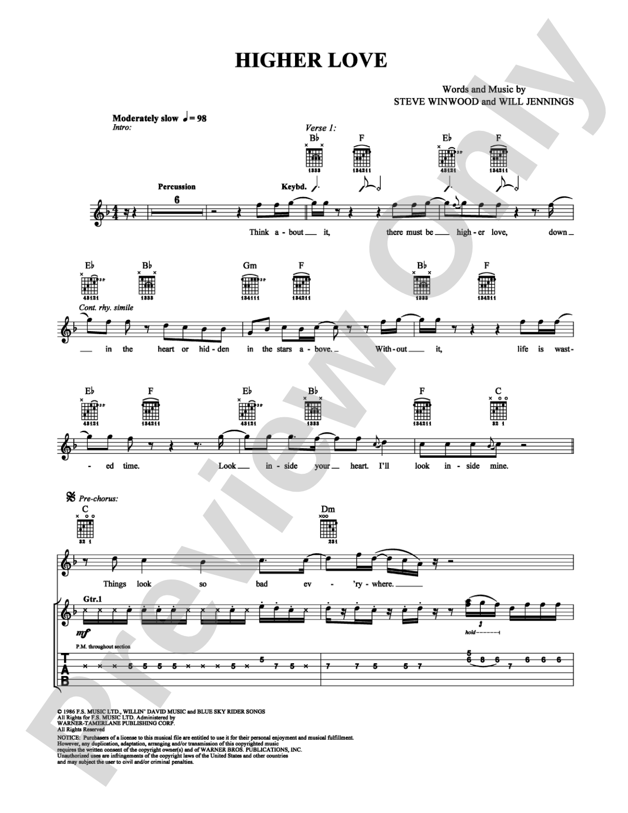 Higher Love: Easy Guitar Digital Sheet Music