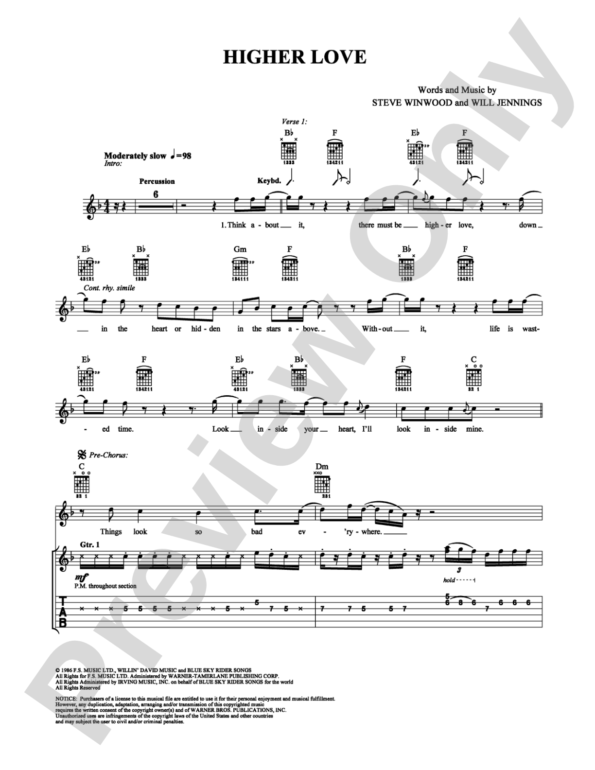 Higher Love: Guitar TAB Digital Sheet Music