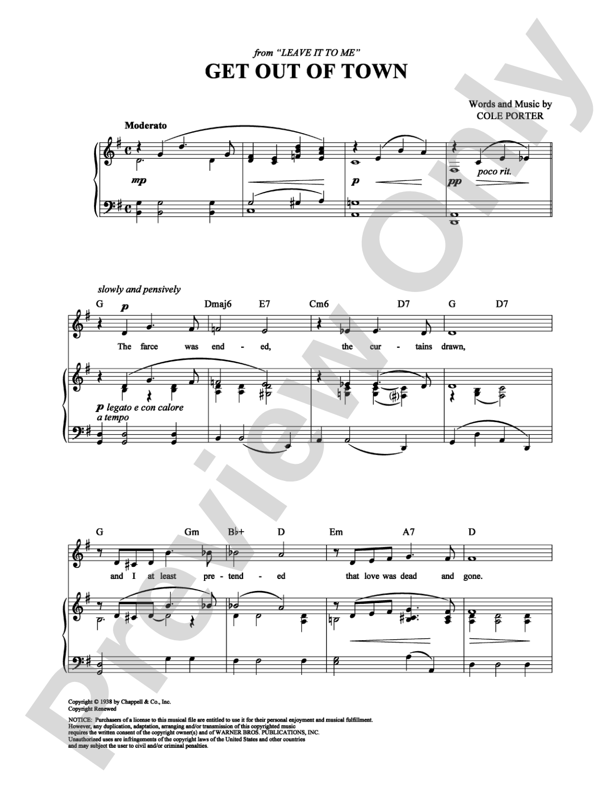 Get Out of Town: Piano/Vocal/Chords Digital Sheet Music