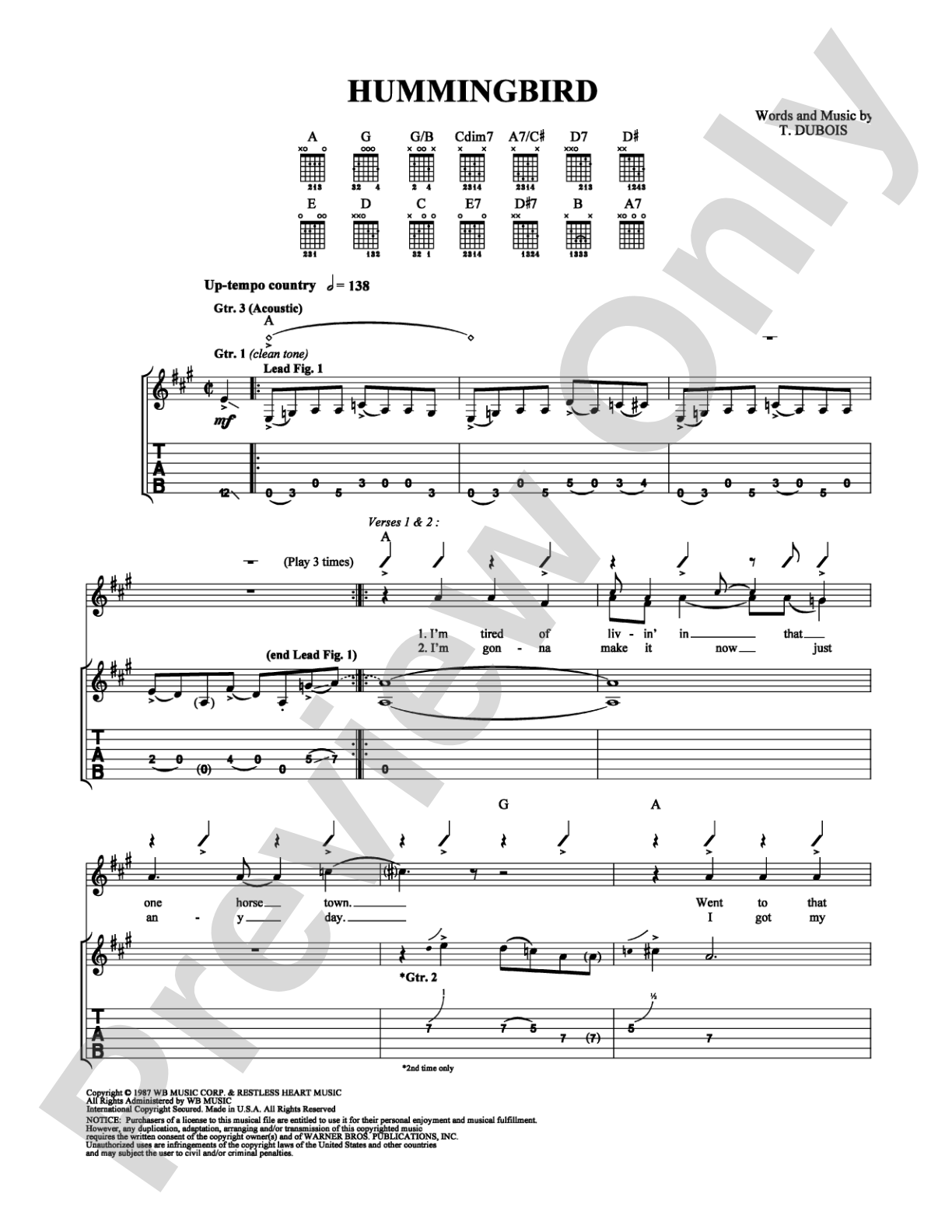 Hummingbird: Guitar TAB Digital Sheet Music