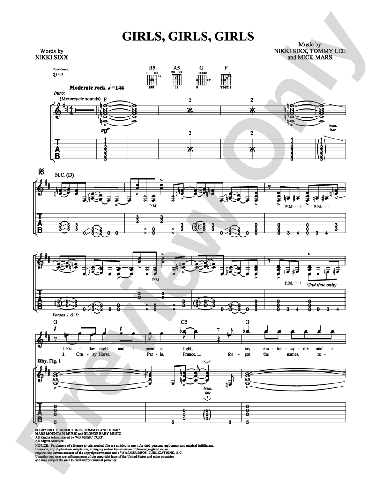 Girls, Girls, Girls: Guitar TAB Digital Sheet Music