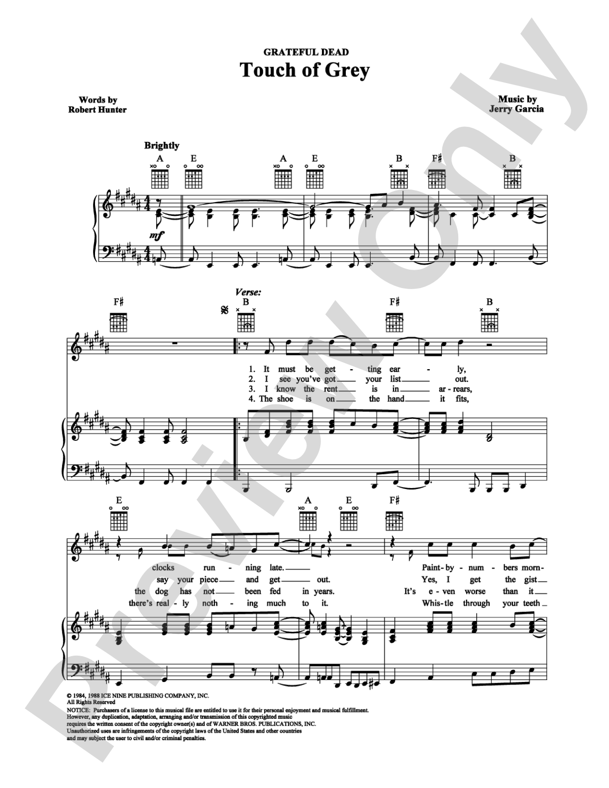 Touch of Grey: Piano/Vocal/Chords Digital Sheet Music
