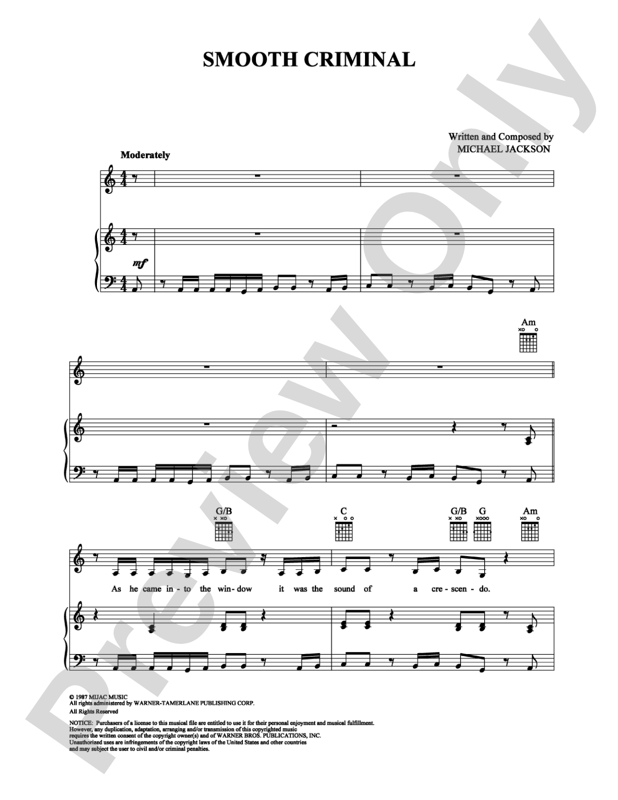 Smooth Criminal: Piano/Vocal/Chords Digital Sheet Music