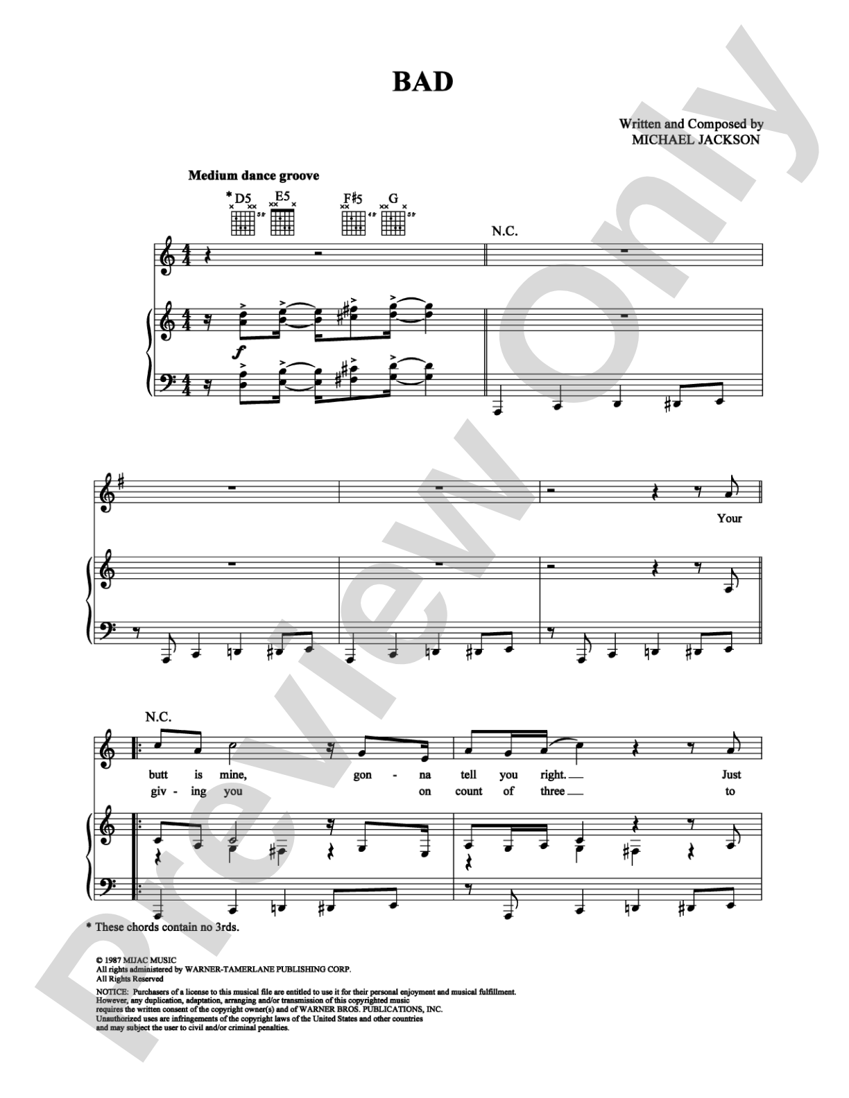 Bad: Piano/Vocal/Chords Digital Sheet Music