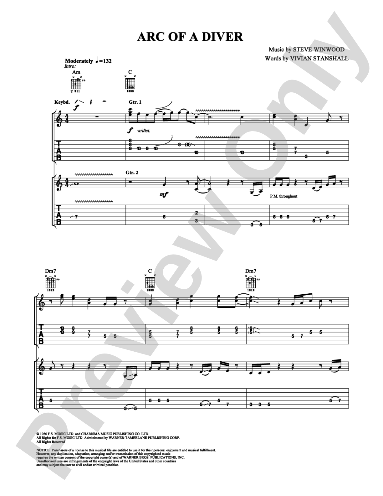 Arc of a Diver: Guitar TAB Digital Sheet Music