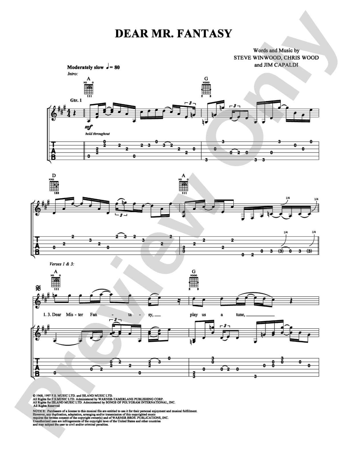 Dear Mr. Fantasy: Easy Guitar Digital Sheet Music