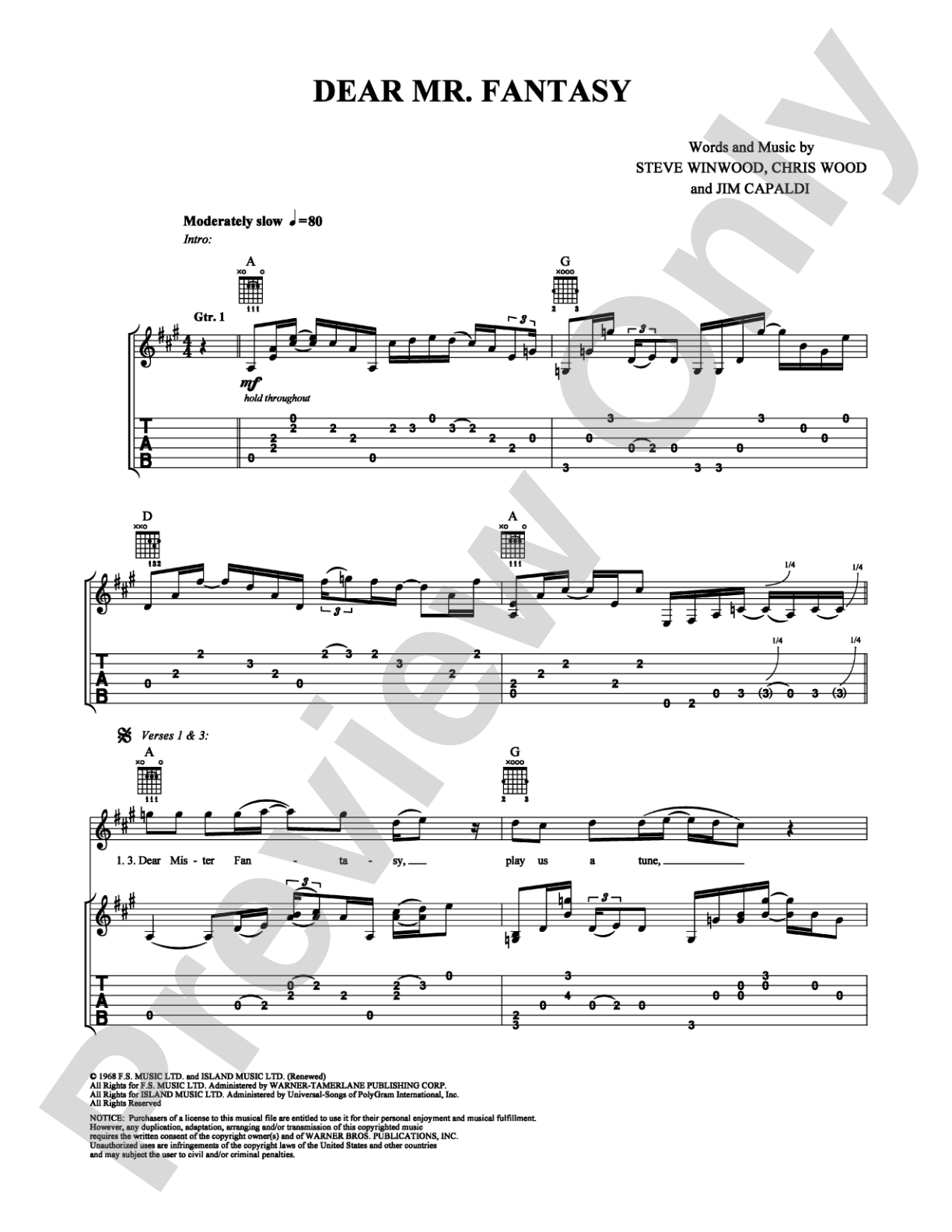 Dear Mr. Fantasy: Guitar TAB Digital Sheet Music
