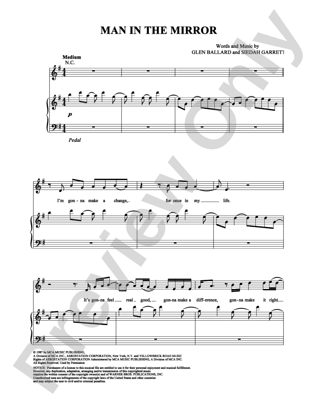 Man in the Mirror: Piano/Vocal/Chords Digital Sheet Music