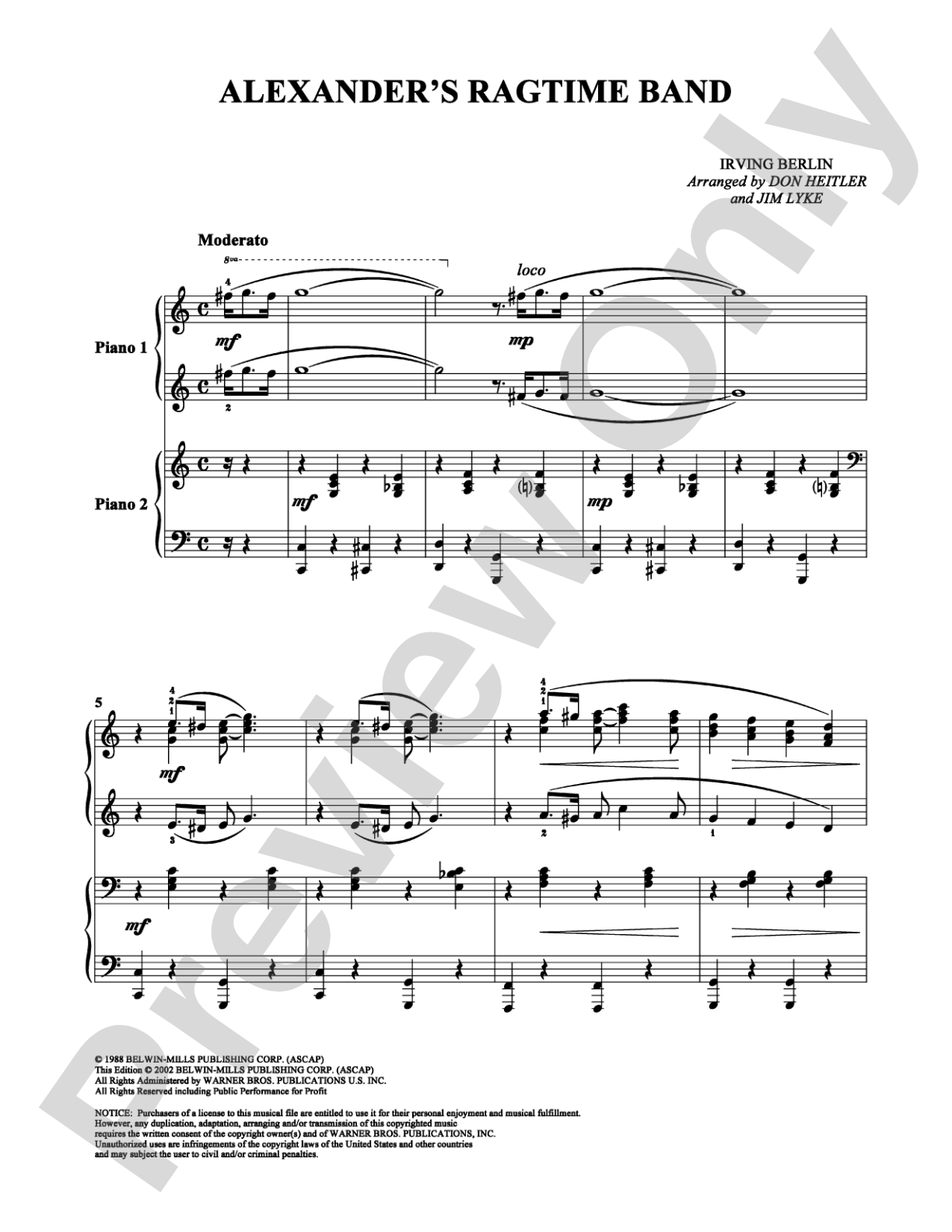 Alexander's Ragtime Band: Piano Duets & Four Hands Digital Sheet Music