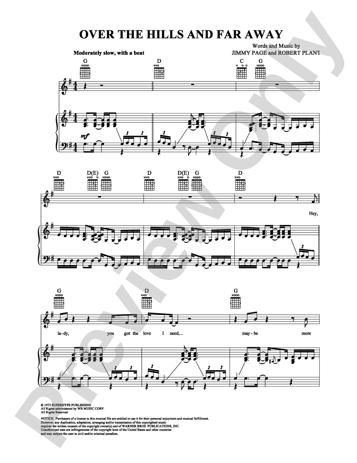 Over the Hills and Far Away: Piano/Vocal/Chords Digital Sheet Music