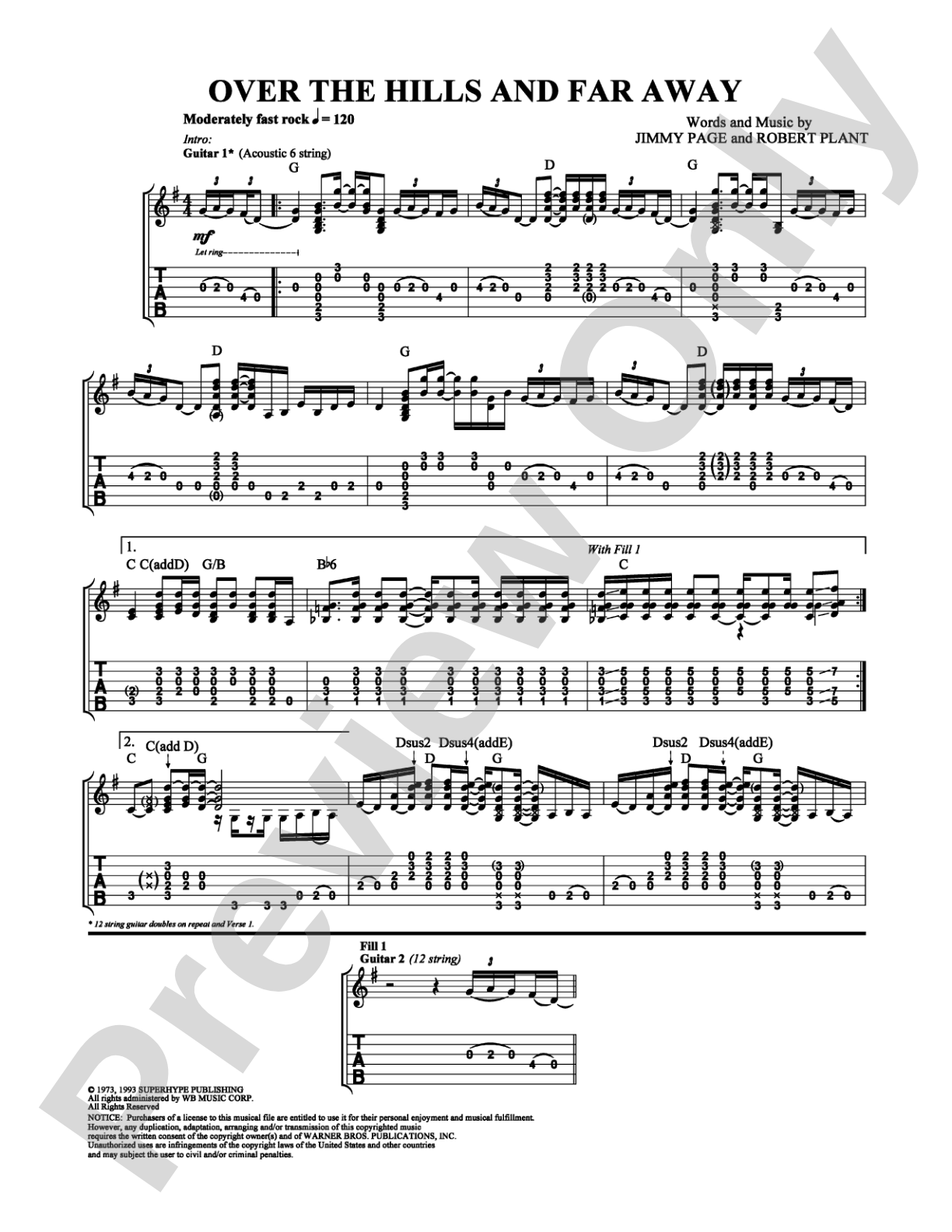 Over the Hills and Far Away: Guitar TAB Digital Sheet Music