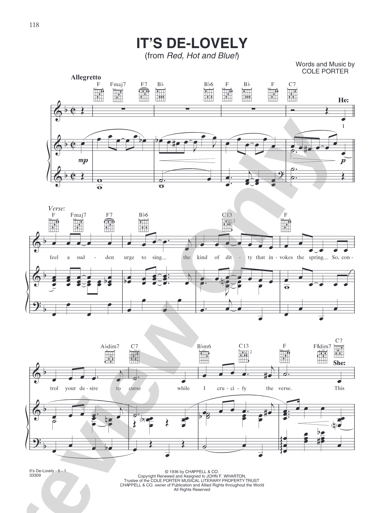 It's De-Lovely (from "Red, Hot and Blue!"): Piano/Vocal/Chords