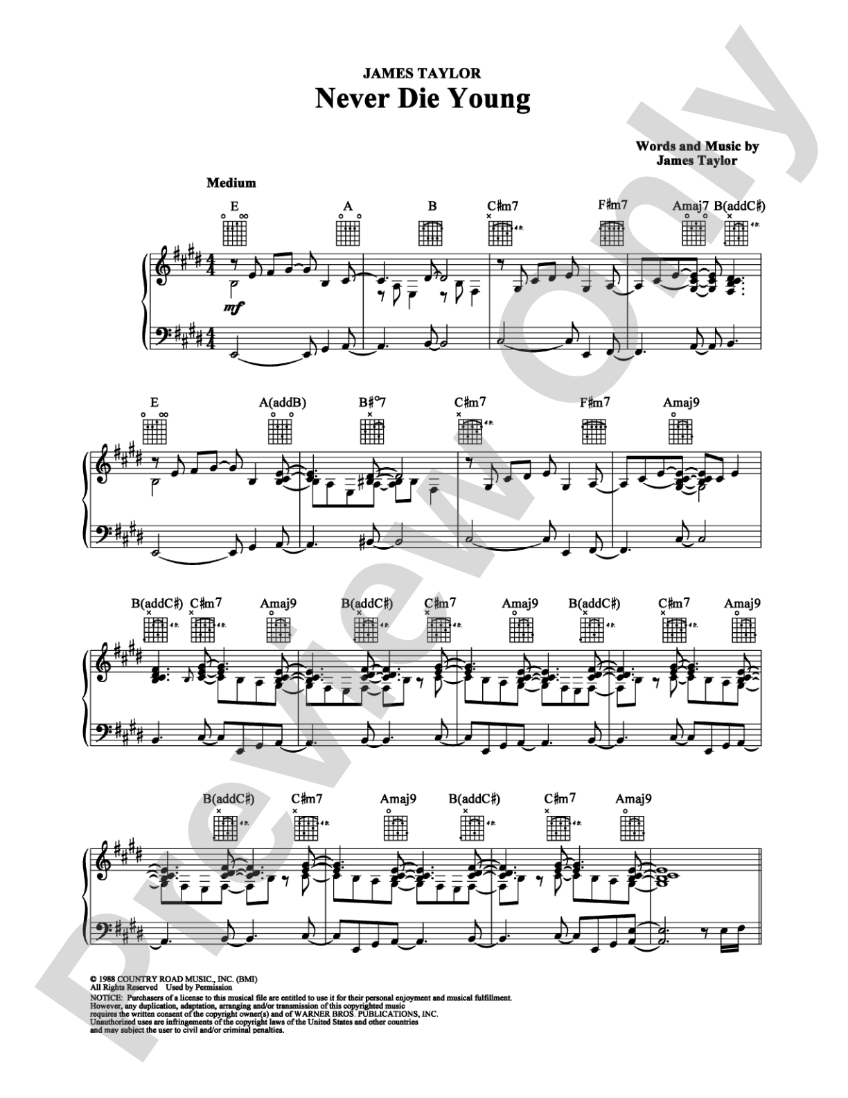 Never Die Young: Piano/Vocal/Chords Digital Sheet Music