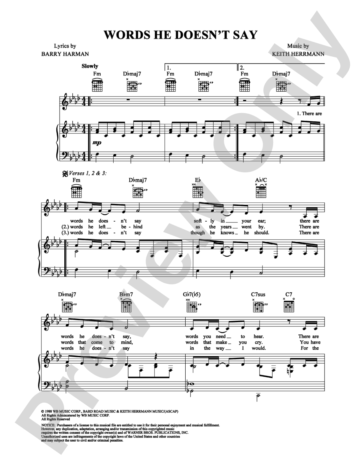 Words He Doesn't Say: Piano/Vocal/Chords Digital Sheet Music