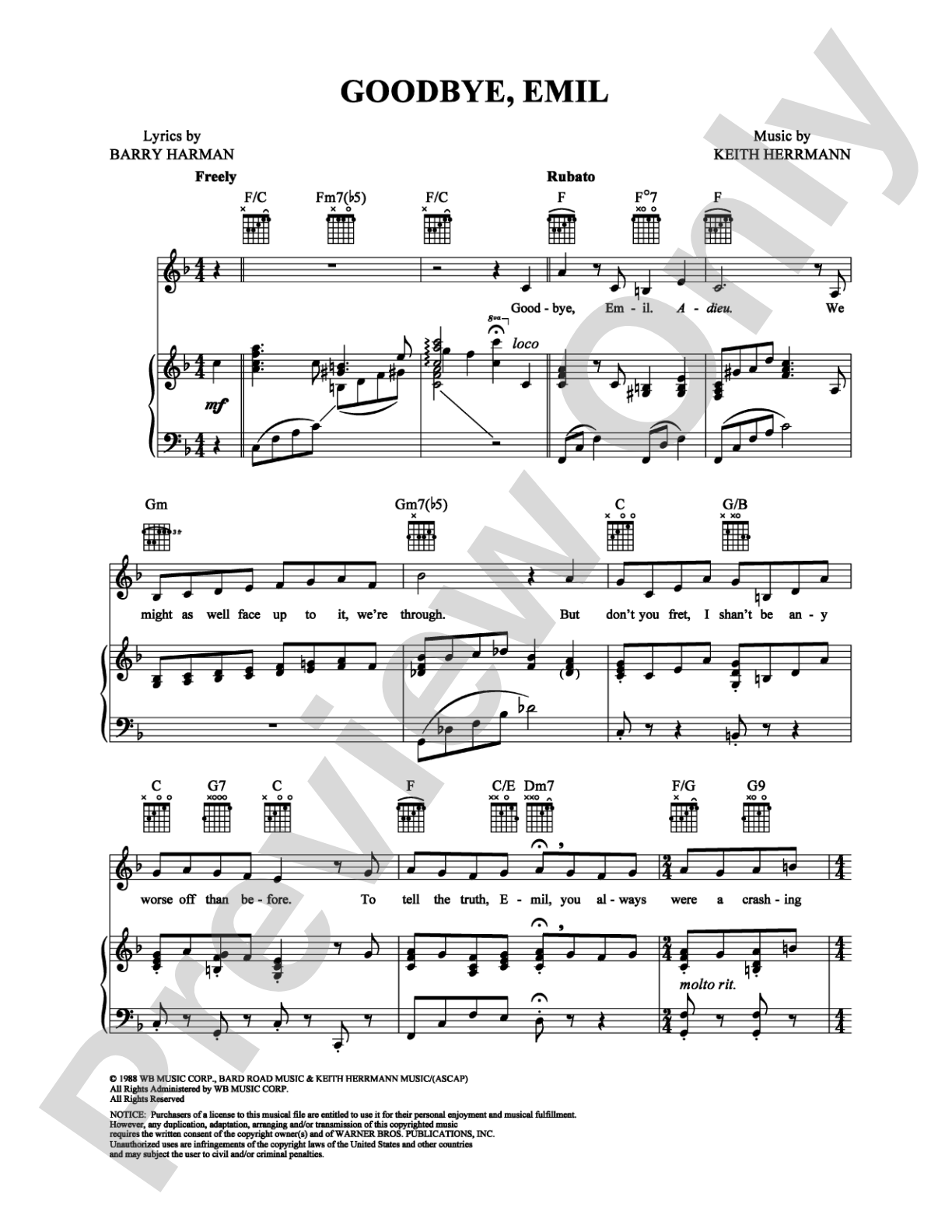 Goodbye, Emil: Piano/Vocal/Chords Digital Sheet Music