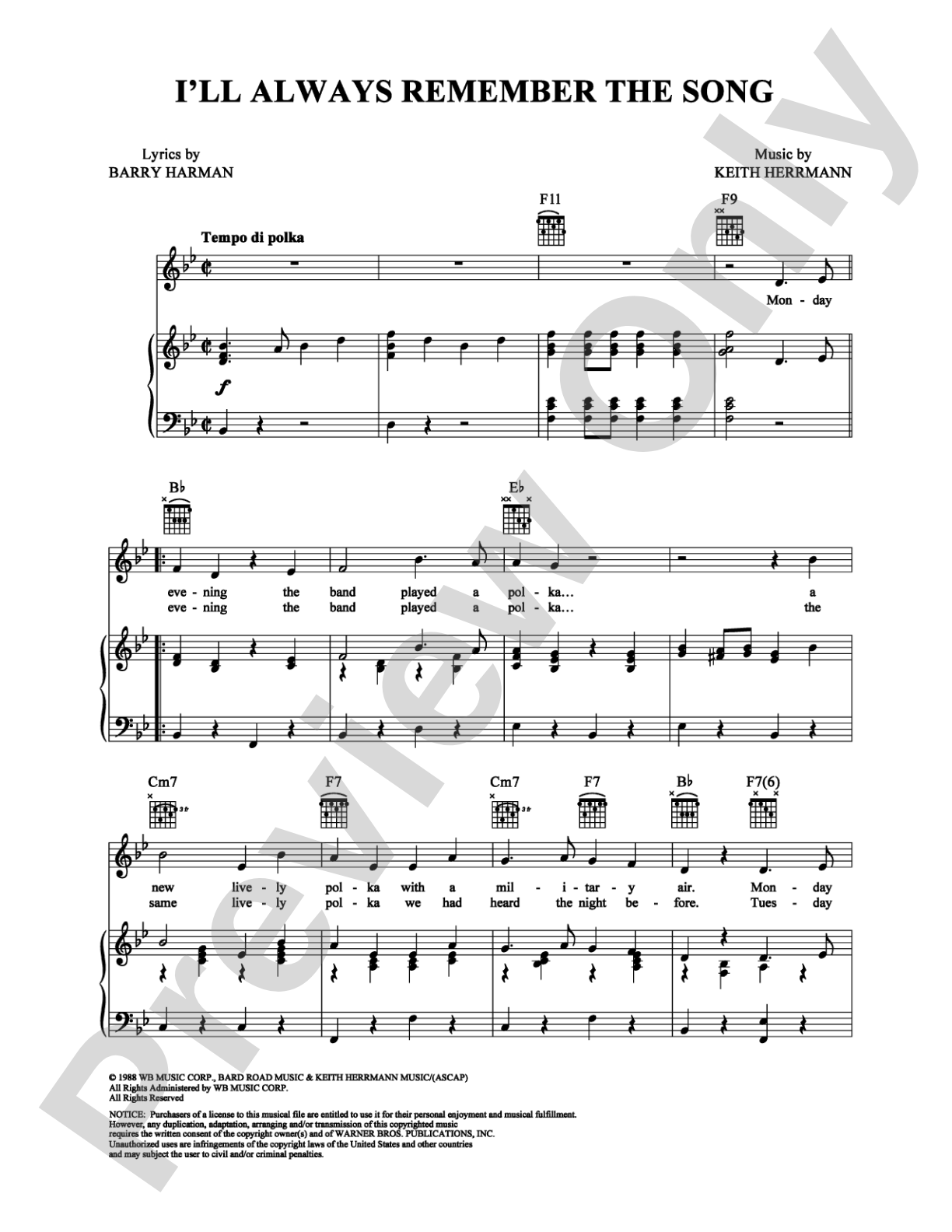 I'll Always Remember the Song: Piano/Vocal/Chords Digital Sheet Music