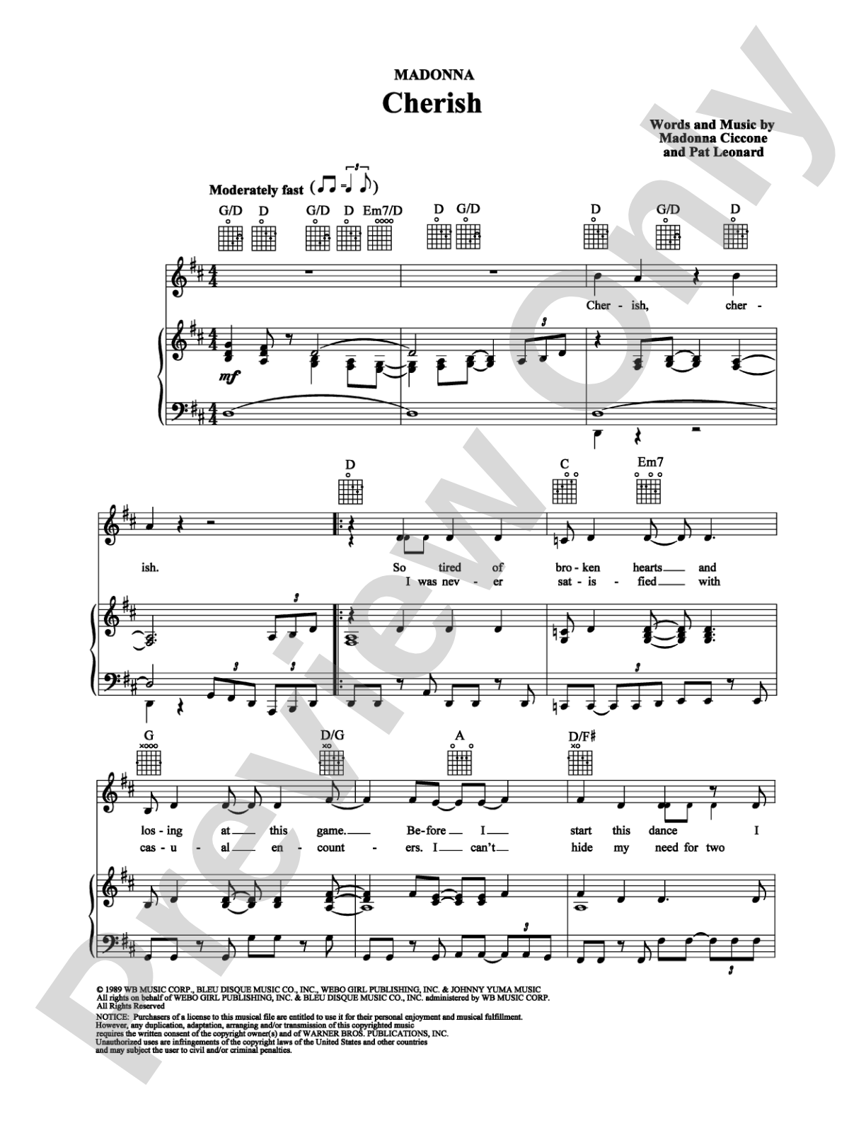 Cherish: Piano/Vocal/Chords Digital Sheet Music