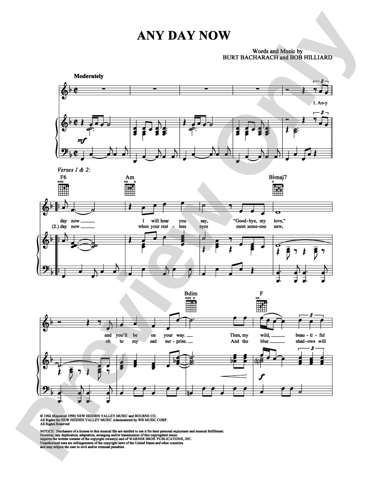 Any Day Now: Piano/Vocal/Chords Digital Sheet Music