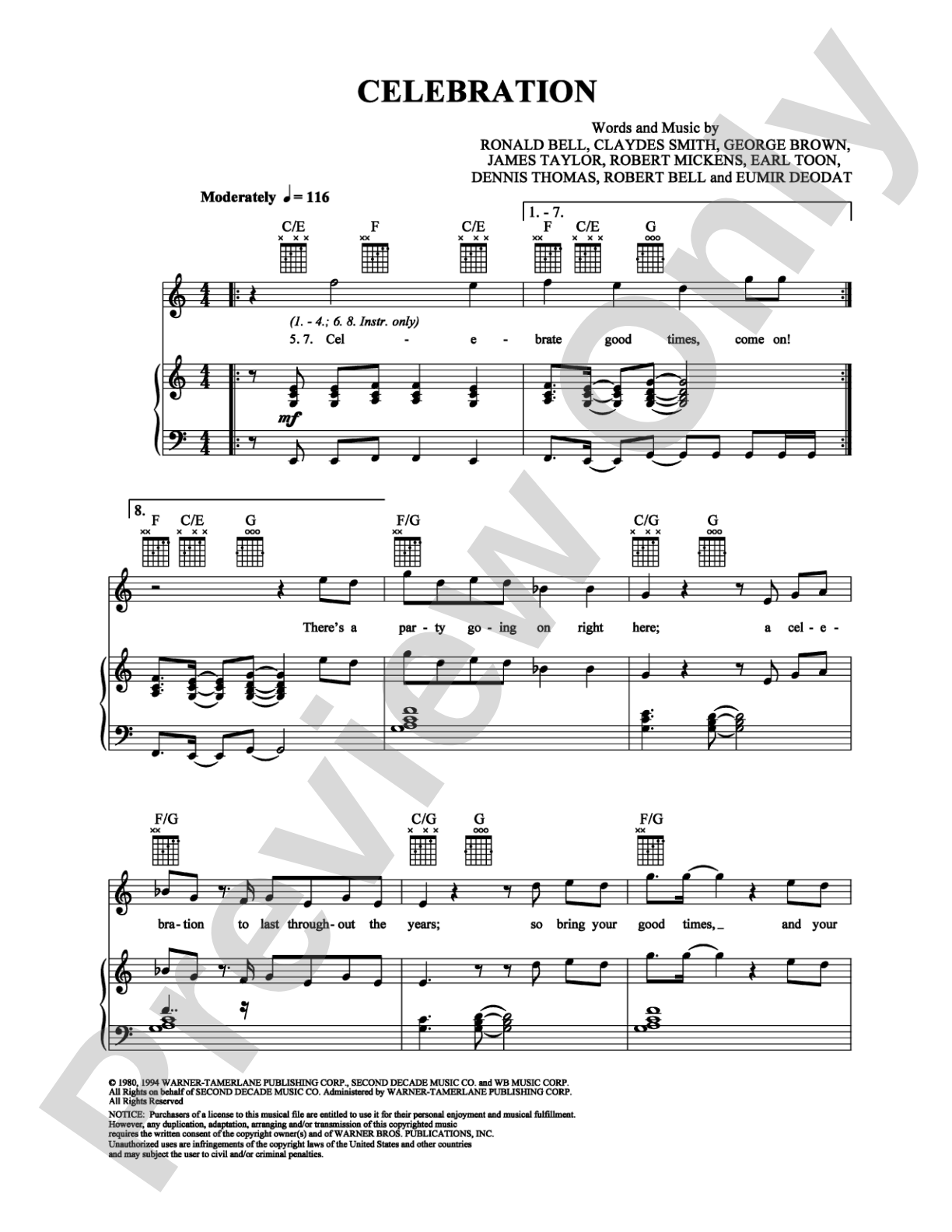 Celebration: Piano/Vocal/Chords Digital Sheet Music