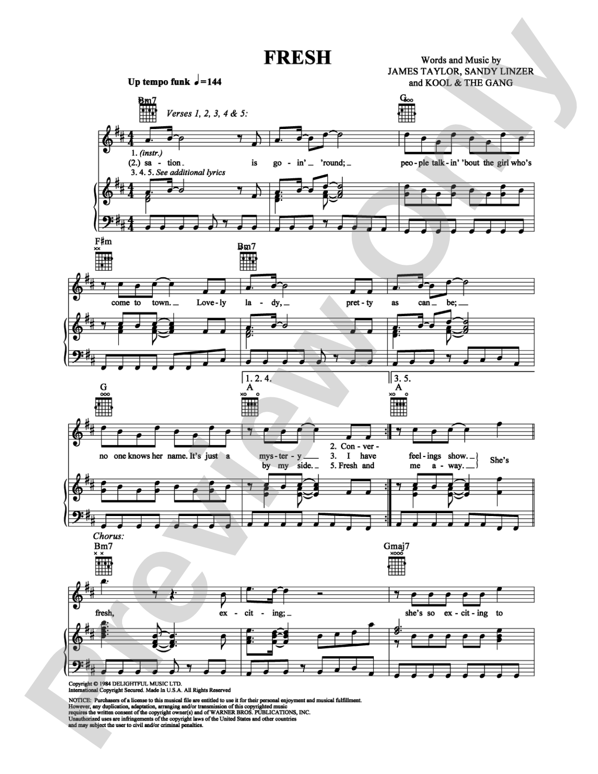 Fresh: Piano/Vocal/Chords Digital Sheet Music