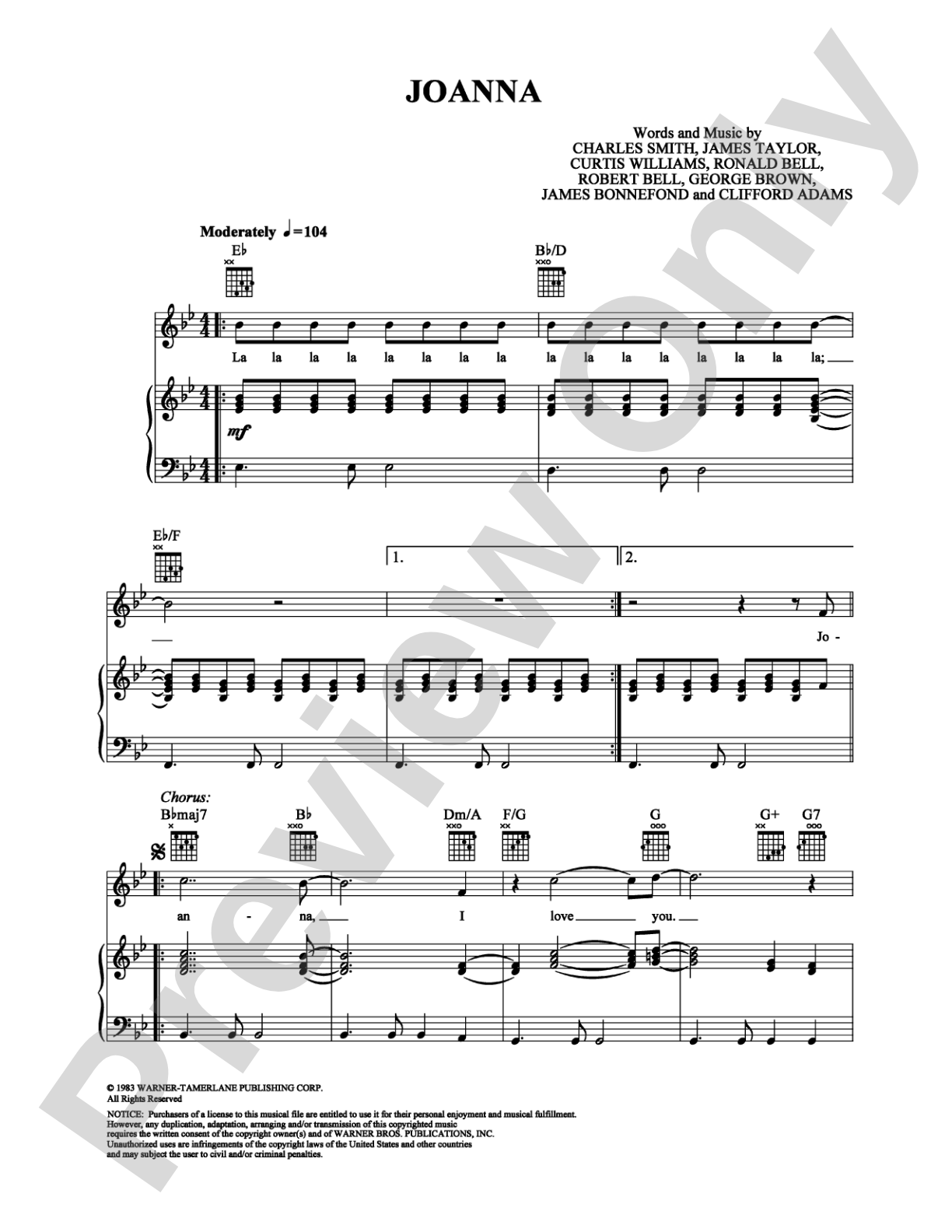 Joanna: Piano/Vocal/Chords Digital Sheet Music