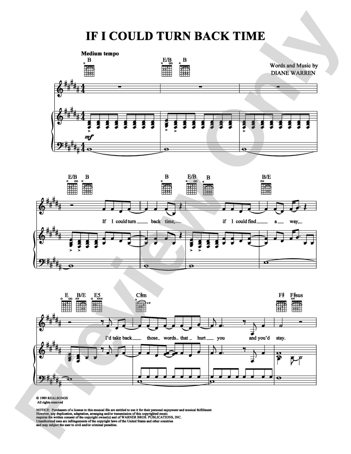 If I Could Turn Back Time: Piano/Vocal/Chords Digital Sheet Music