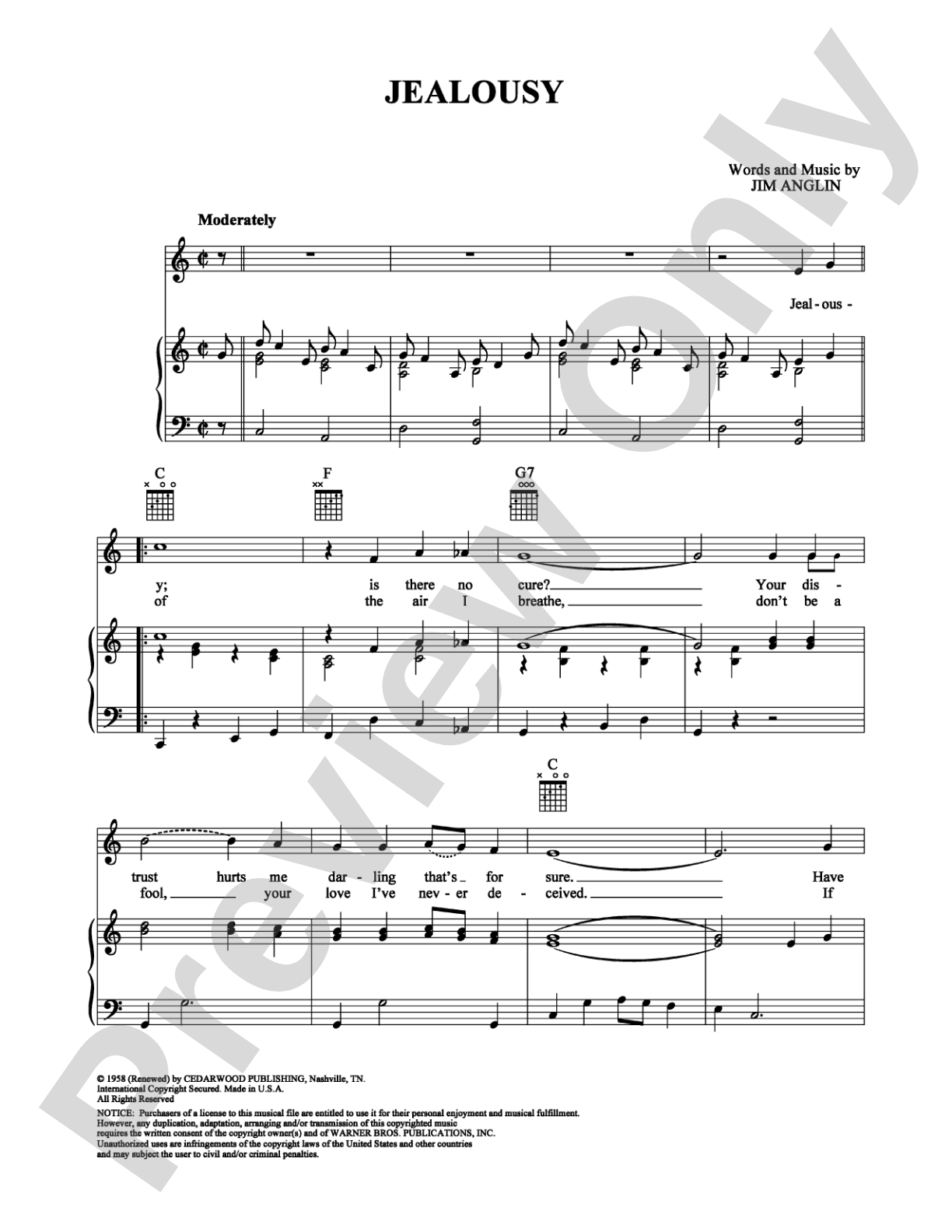 Jealousy: Piano/Vocal/Chords Digital Sheet Music