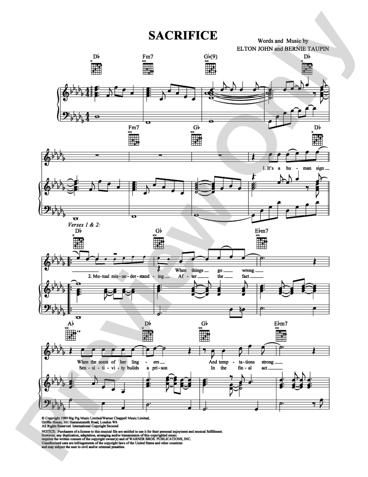 Sacrifice: Piano/Vocal/Chords Digital Sheet Music