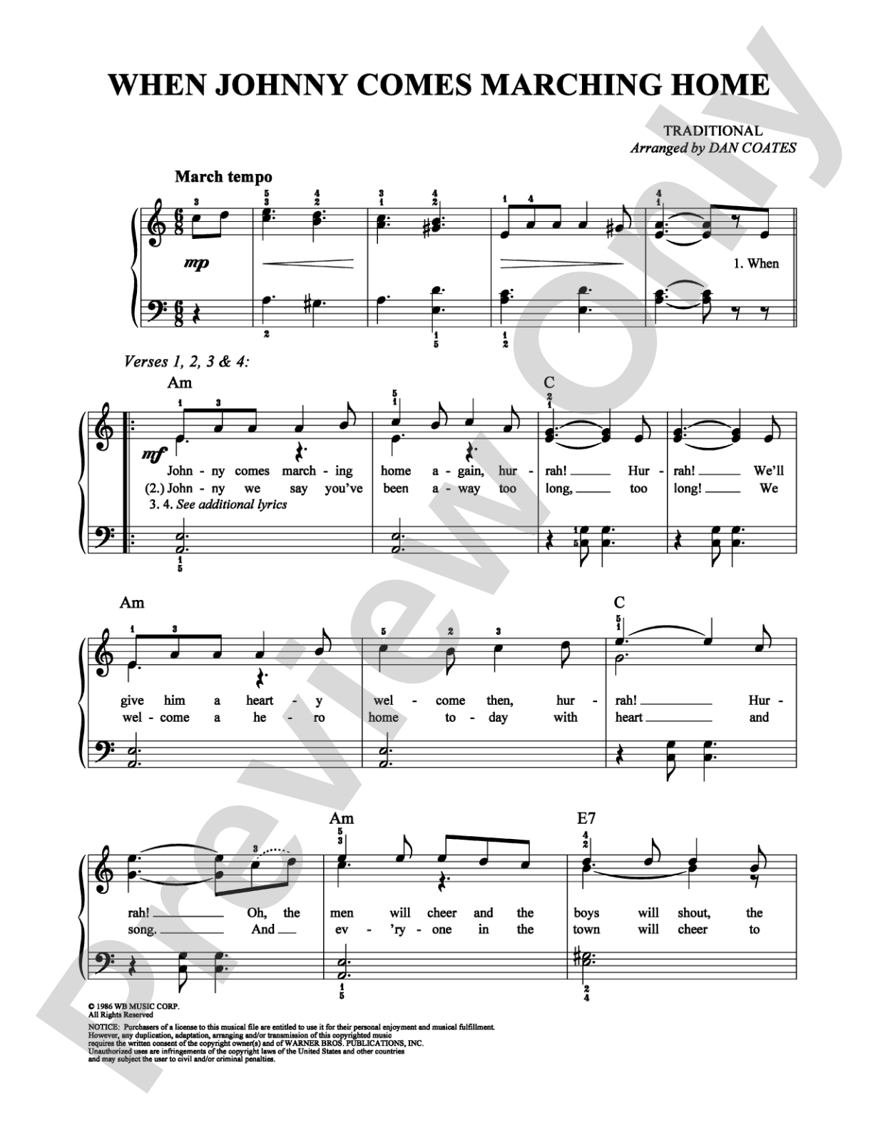 When Johnny Comes Marching Home: Easy Piano Digital Sheet Music