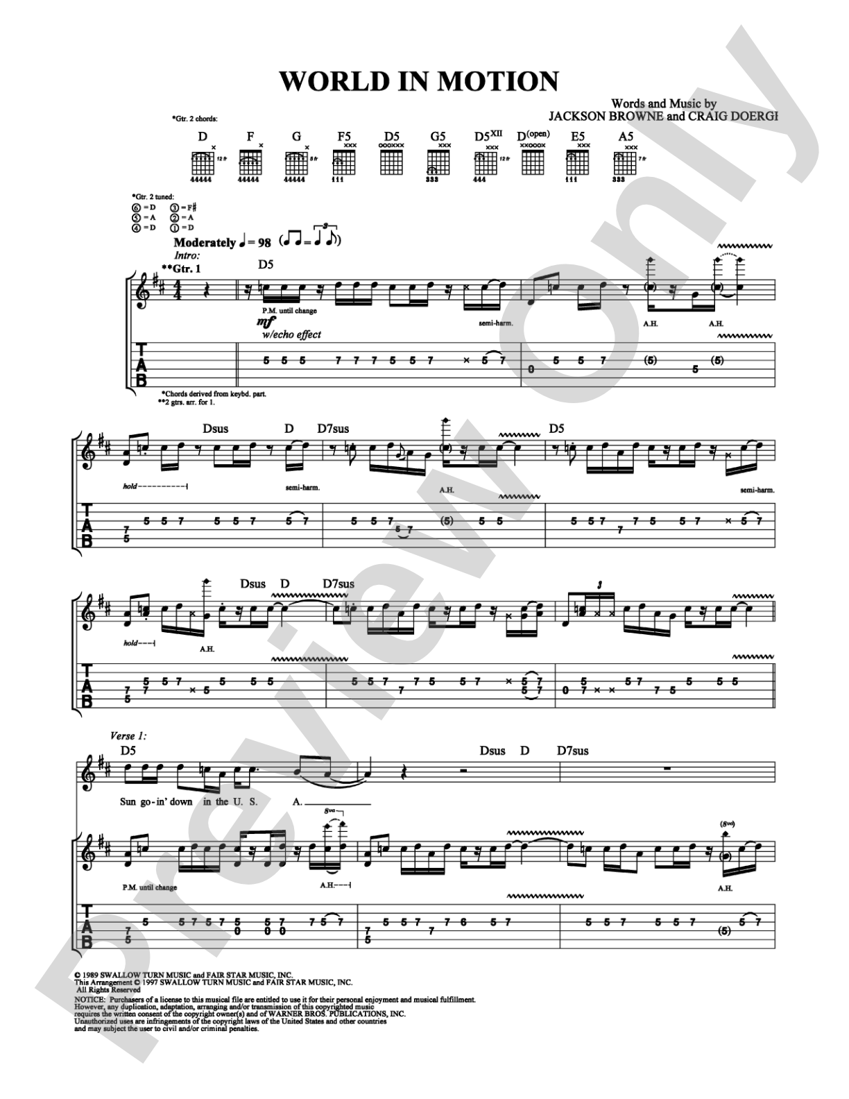 World in Motion: Guitar TAB Digital Sheet Music