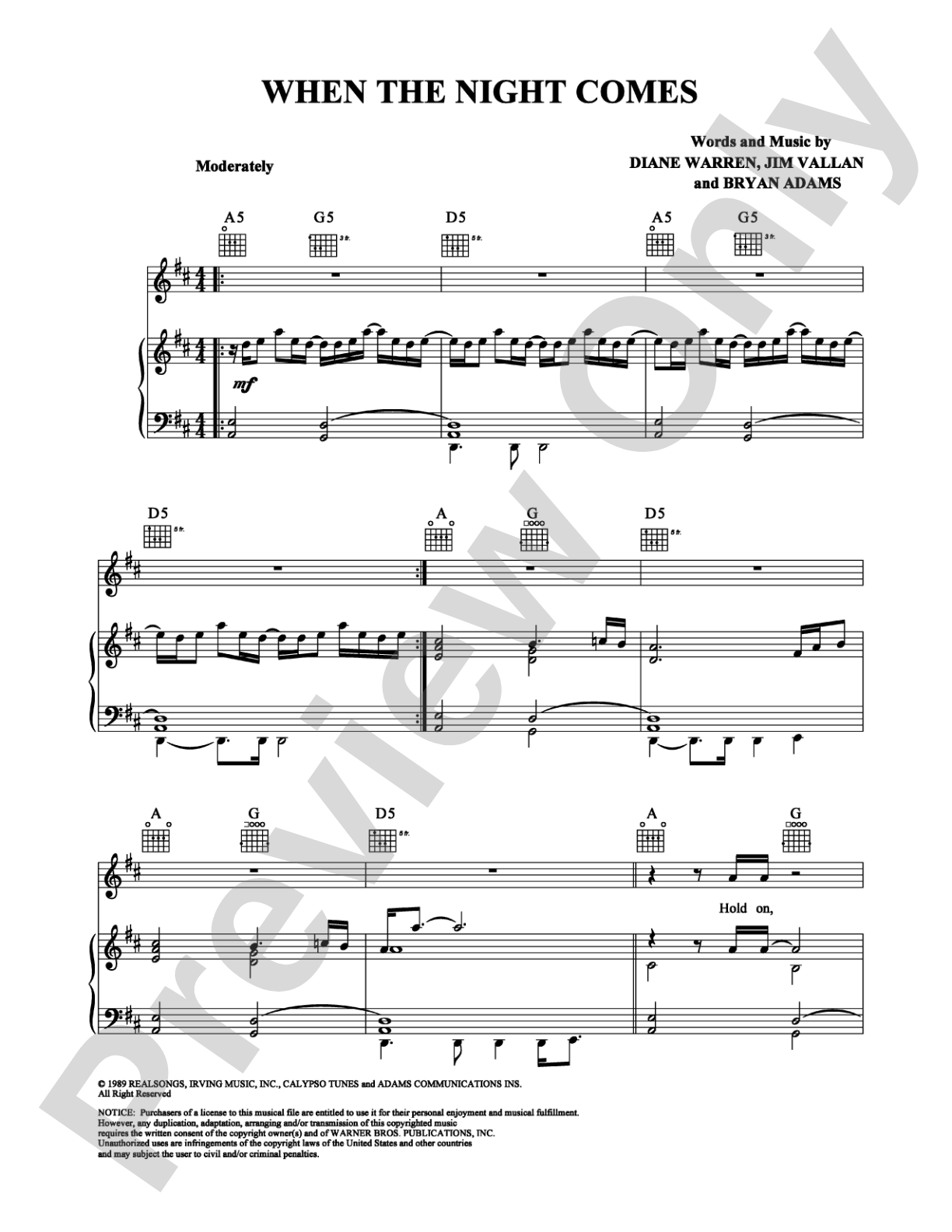 When the Night Comes: Piano/Vocal/Chords Digital Sheet Music