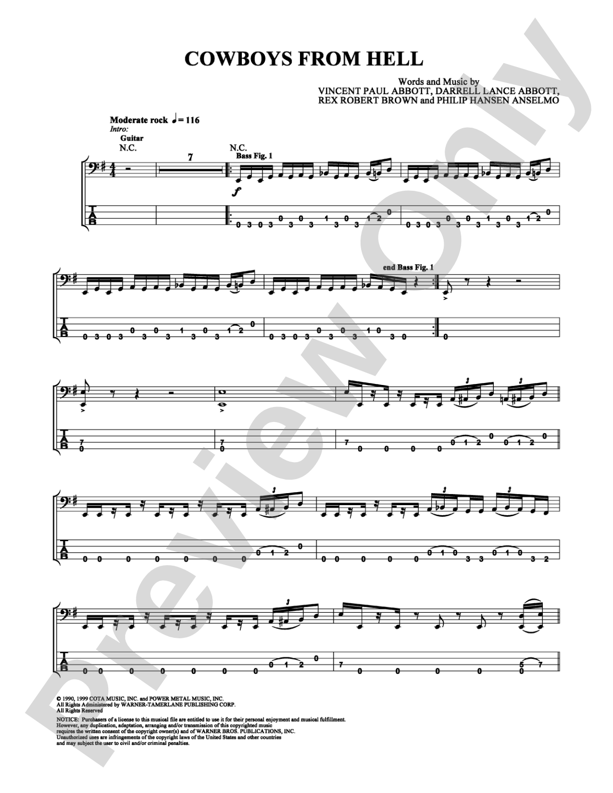 Cowboys from Hell: Bass TAB Digital Sheet Music