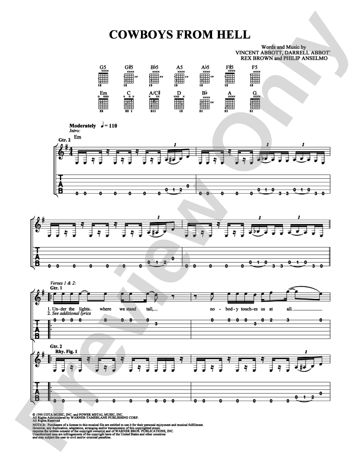 Cowboys From Hell: Easy Guitar Digital Sheet Music