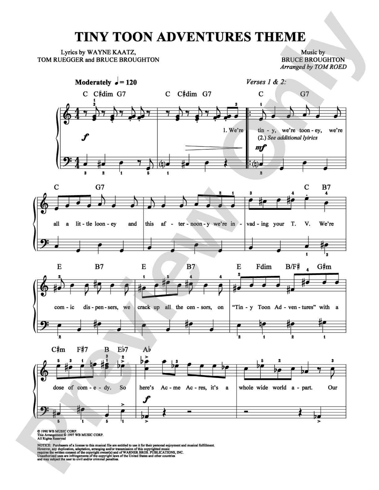 Tiny Toon Adventures Theme: Easy Piano Digital Sheet Music