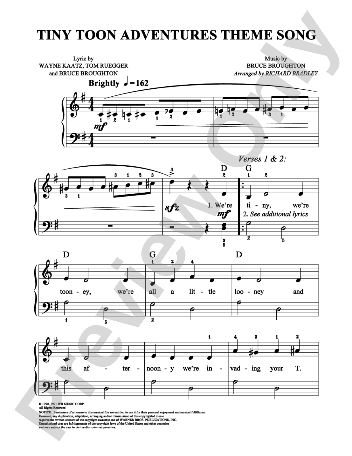 Tiny Toon Adventures Theme Song: Easy Piano Digital Sheet Music
