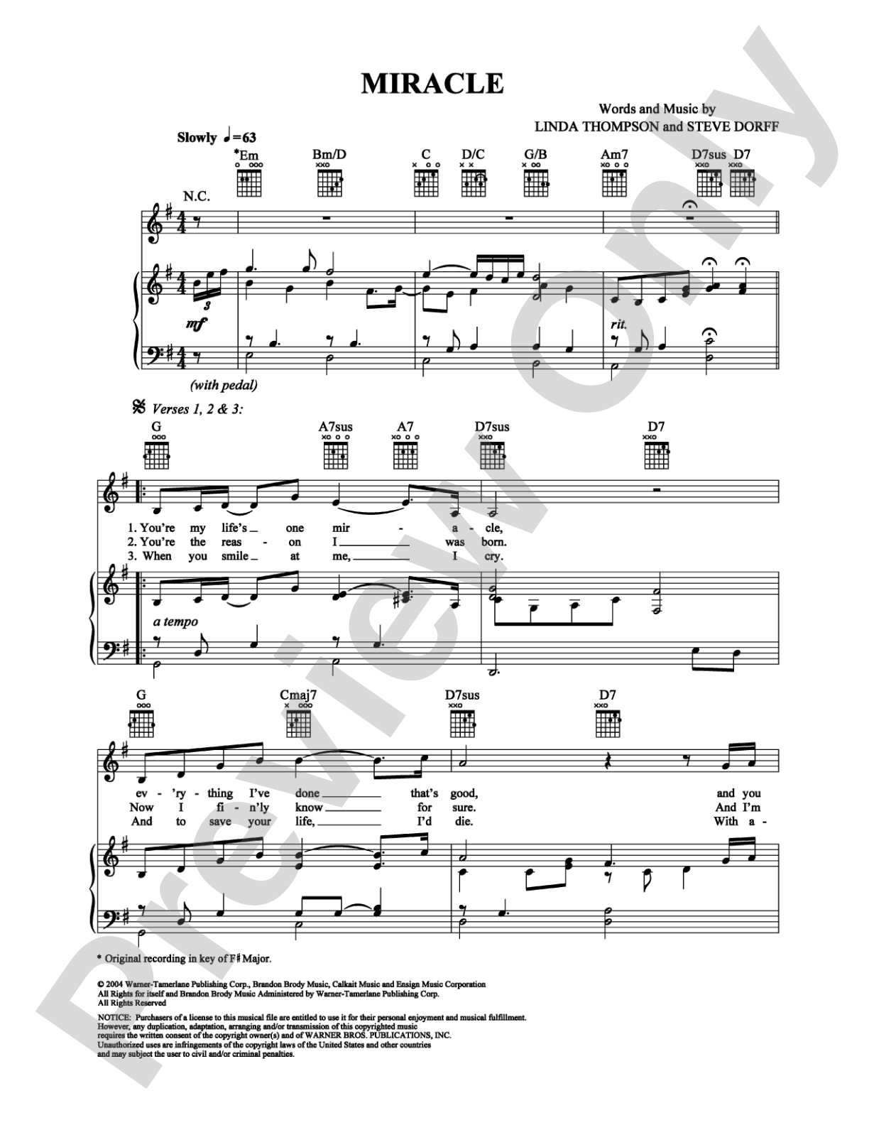 Miracle: Piano/Vocal/Chords Digital Sheet Music