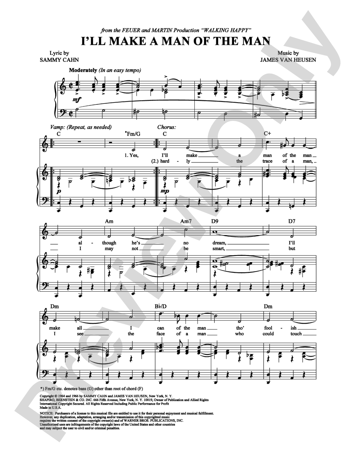 I'll Make a Man of the Man: Piano/Vocal/Chords Digital Sheet Music