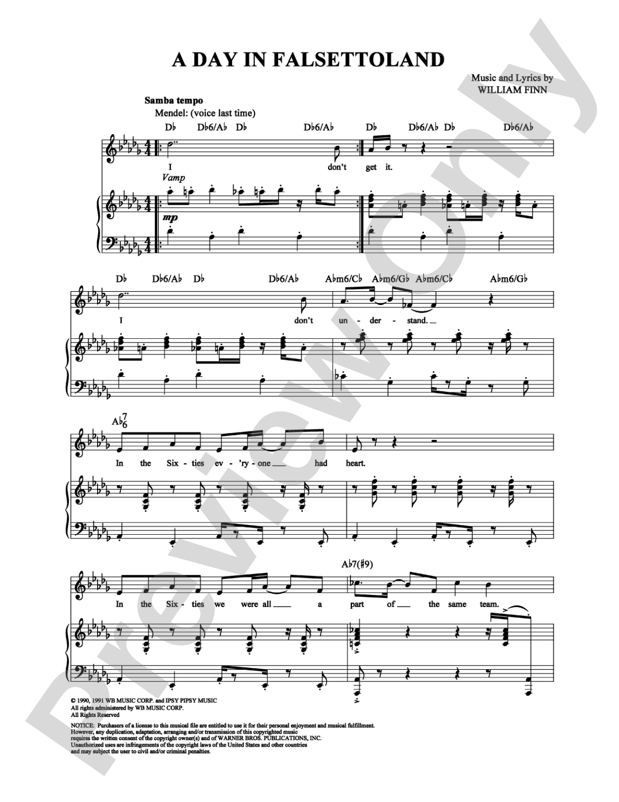 A Day in Falsettoland: Piano/Vocal/Chords Digital Sheet Music