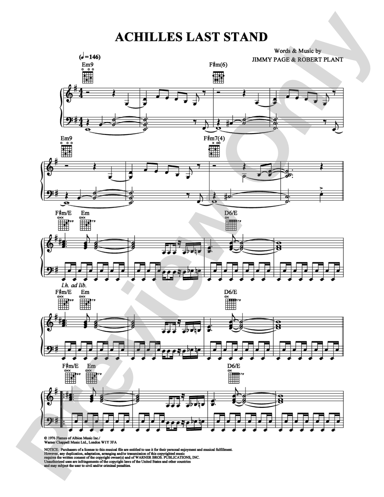 Achilles Last Stand: Piano/Vocal/Chords Digital Sheet Music