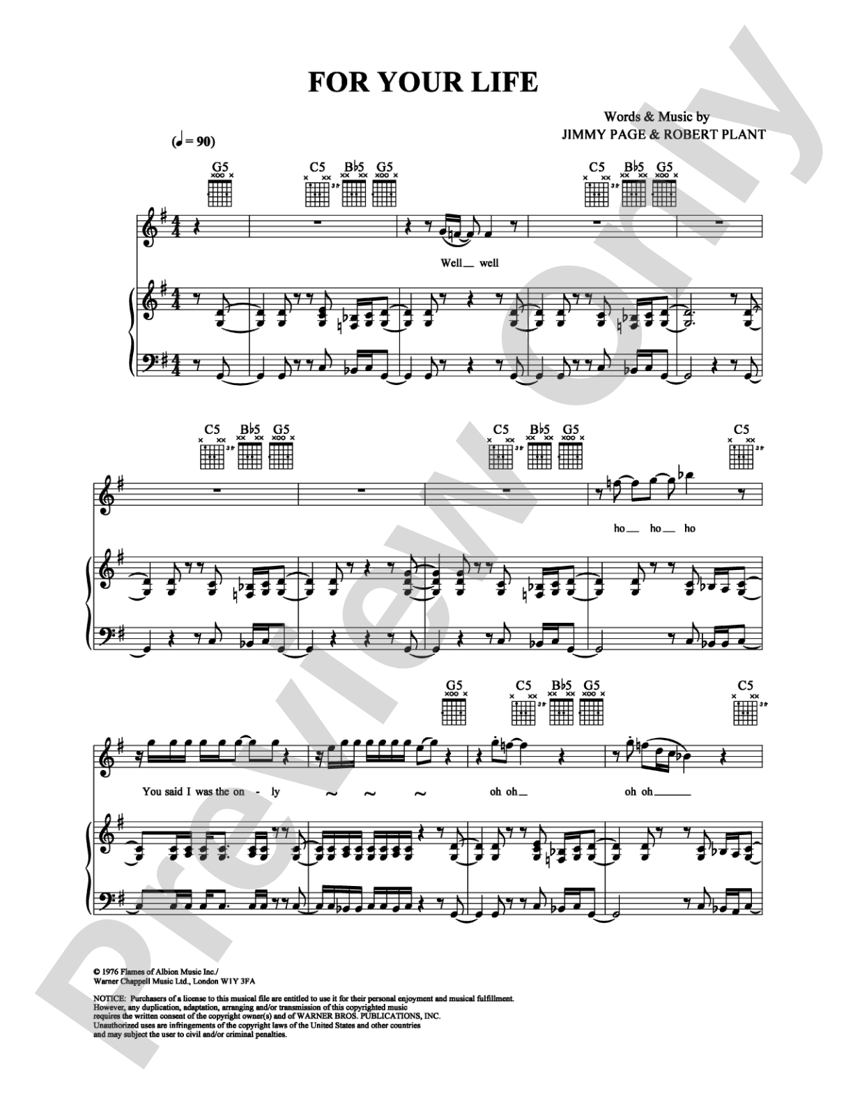For Your Life: Piano/Vocal/Chords Digital Sheet Music