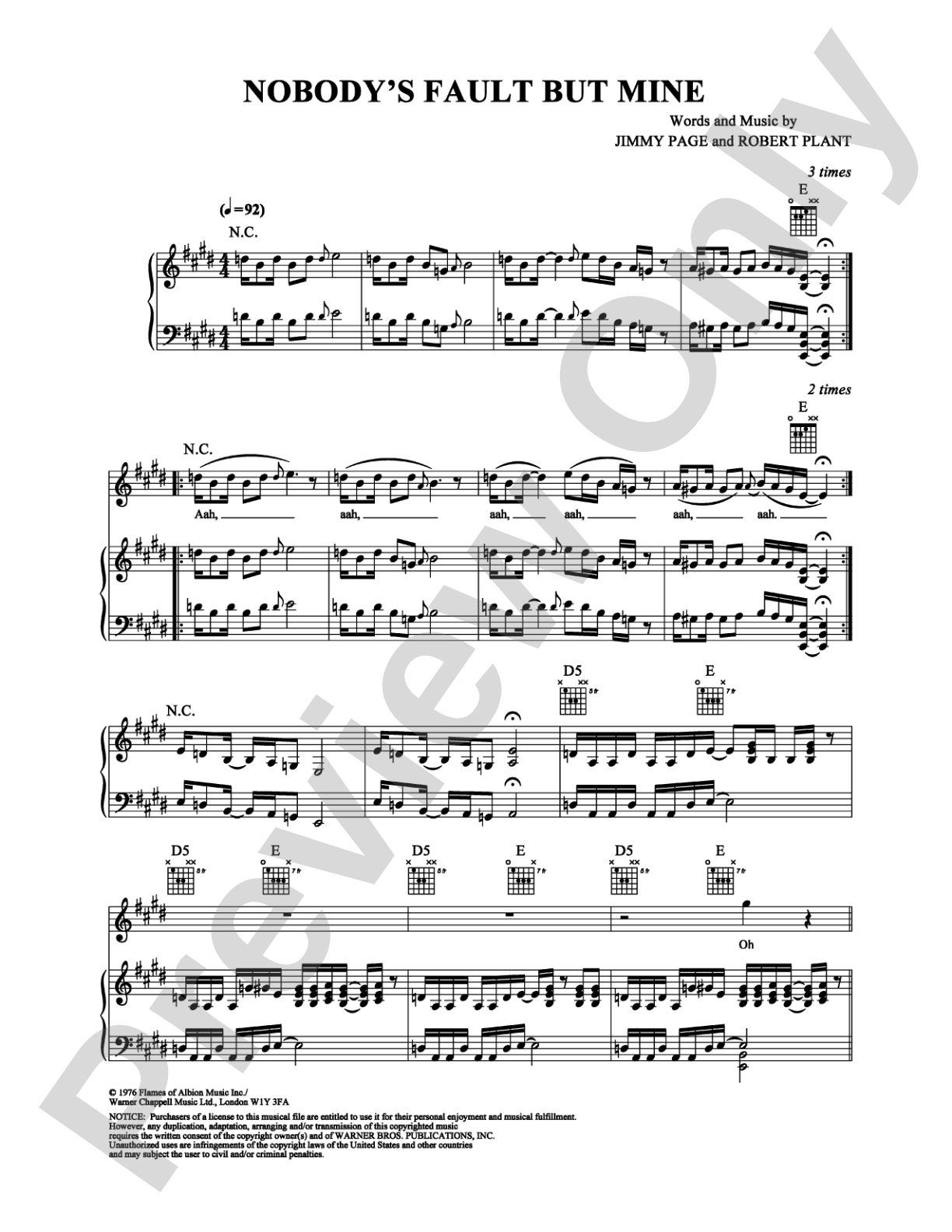 Nobody's Fault But Mine: Piano/Vocal/Chords Digital Sheet Music