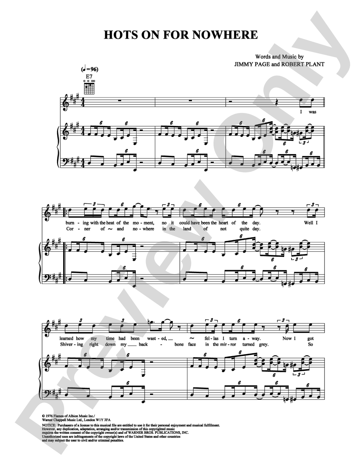 Hots On For Nowhere: Piano/Vocal/Chords Digital Sheet Music