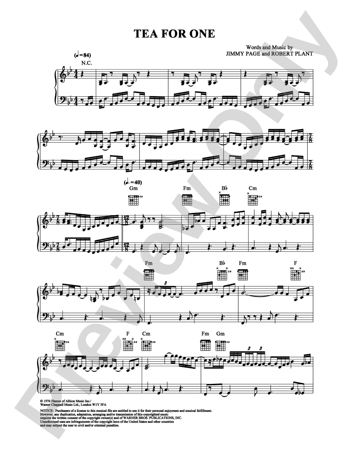 Tea For One: Piano/Vocal/Chords Digital Sheet Music