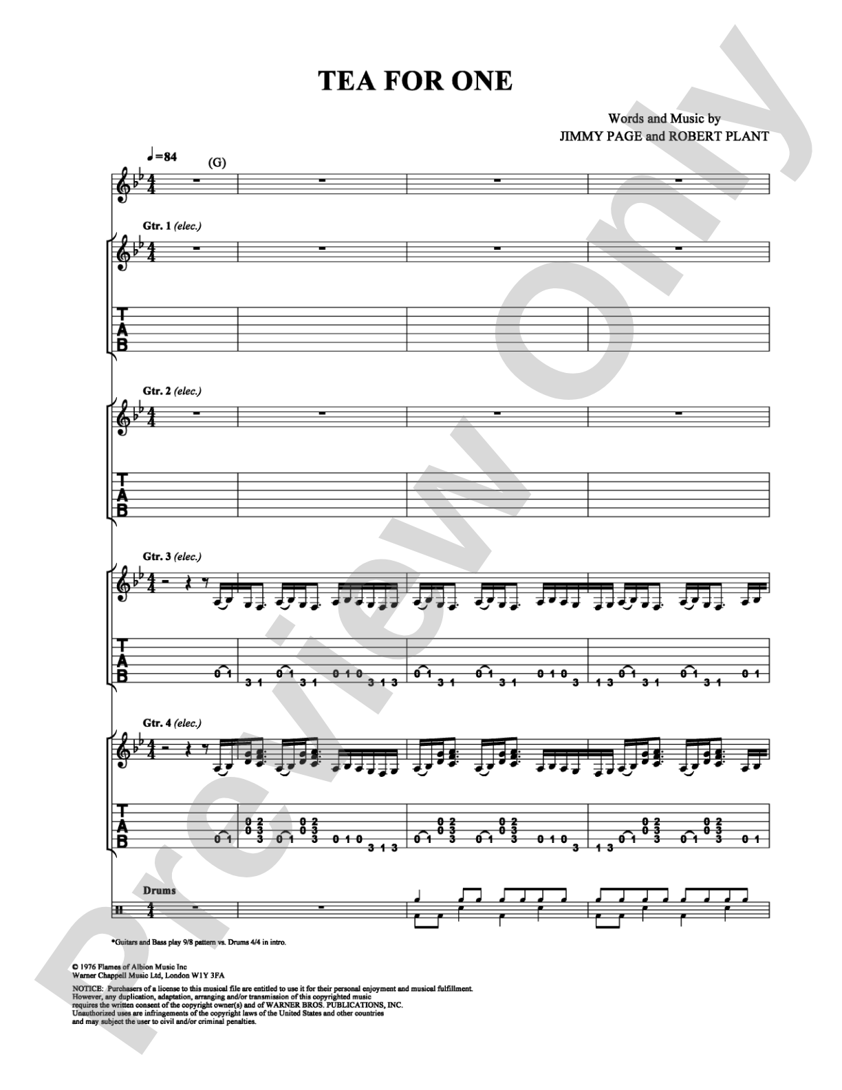 Tea for One: Guitar TAB Digital Sheet Music