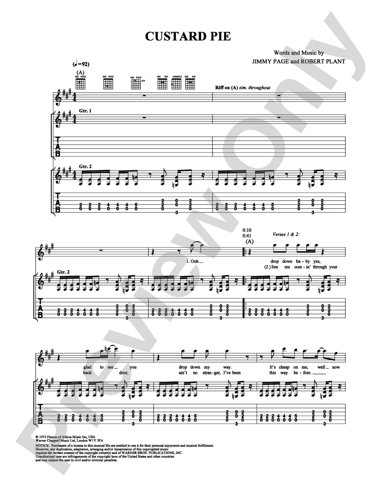Custard Pie: Guitar TAB Digital Sheet Music