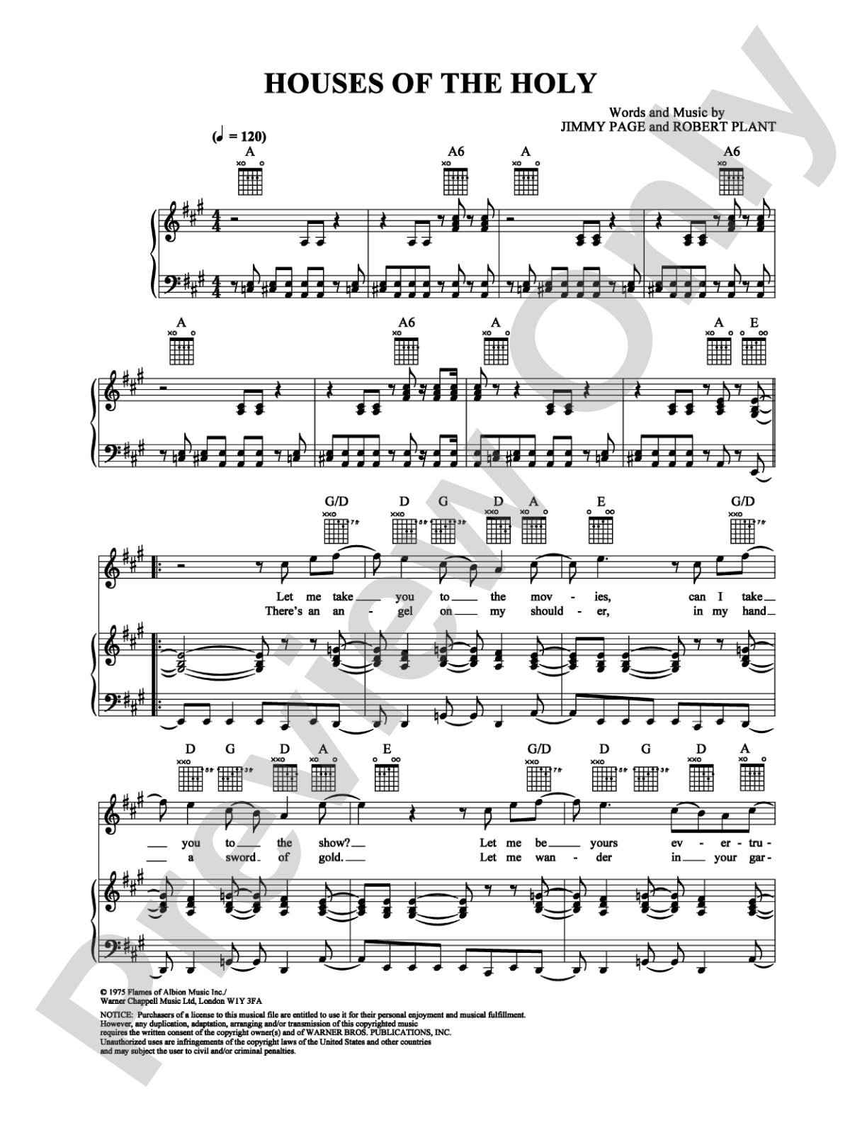 Houses of the Holy: Piano/Vocal/Chords Digital Sheet Music