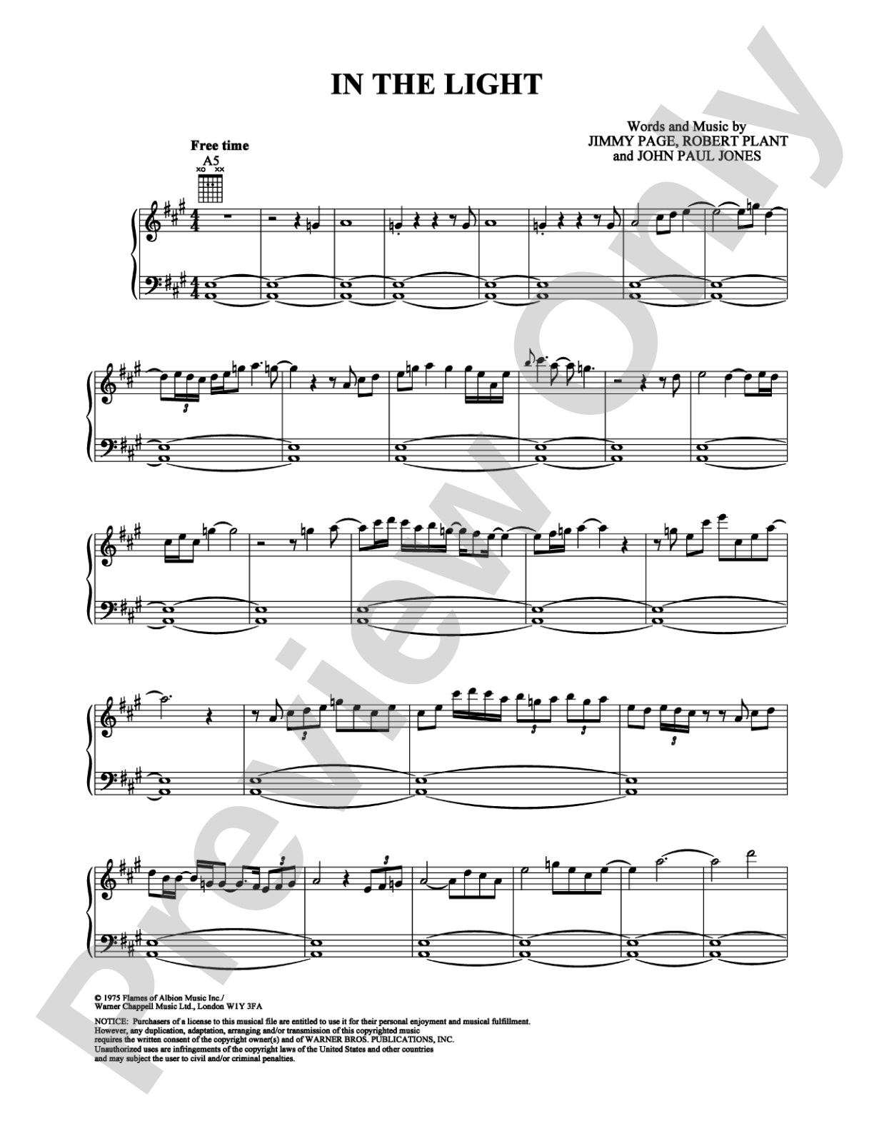 In the Light: Piano/Vocal/Chords Digital Sheet Music