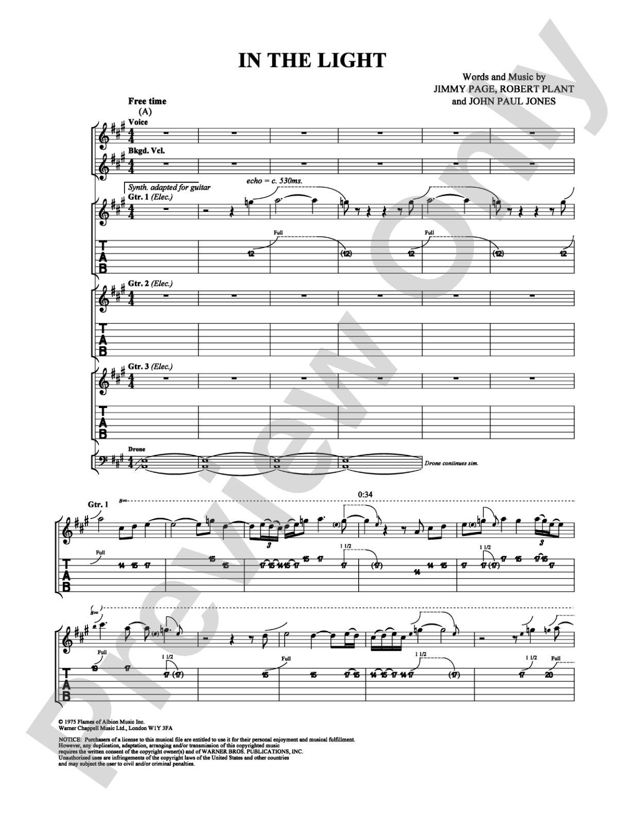 In the Light: Guitar TAB Digital Sheet Music