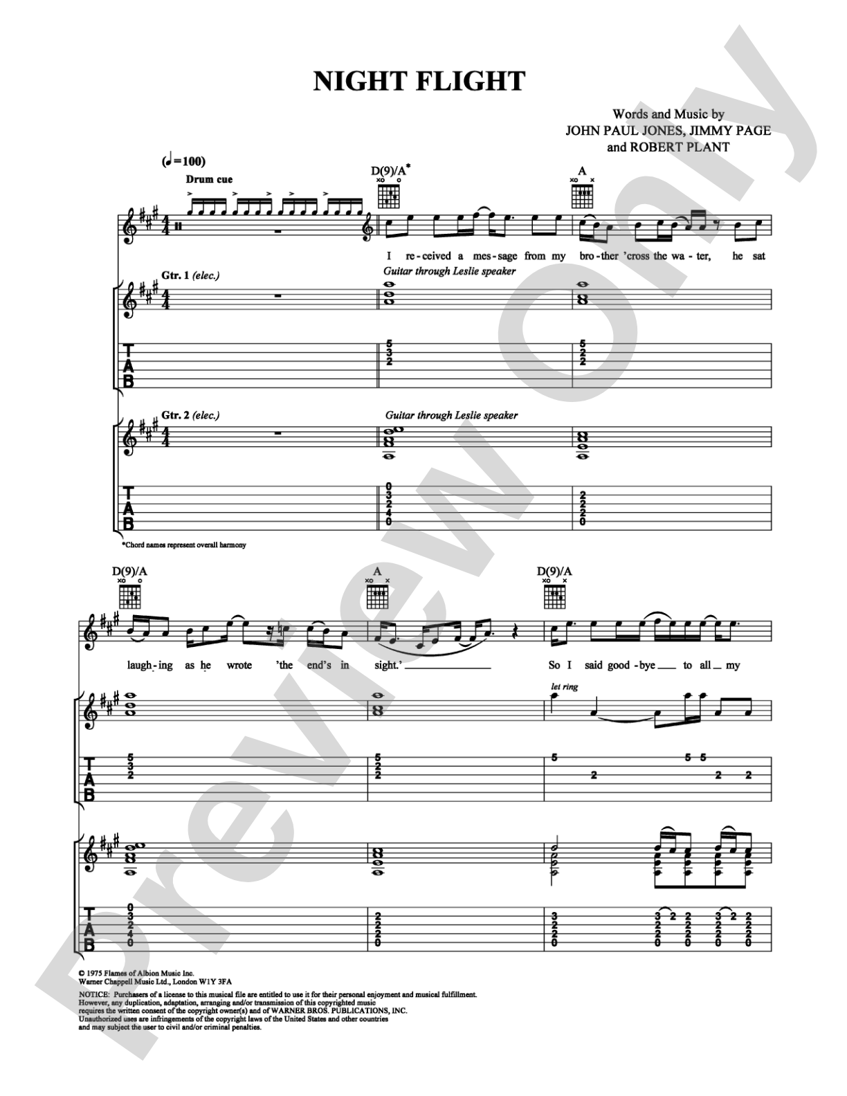 Night Flight: Guitar TAB Digital Sheet Music