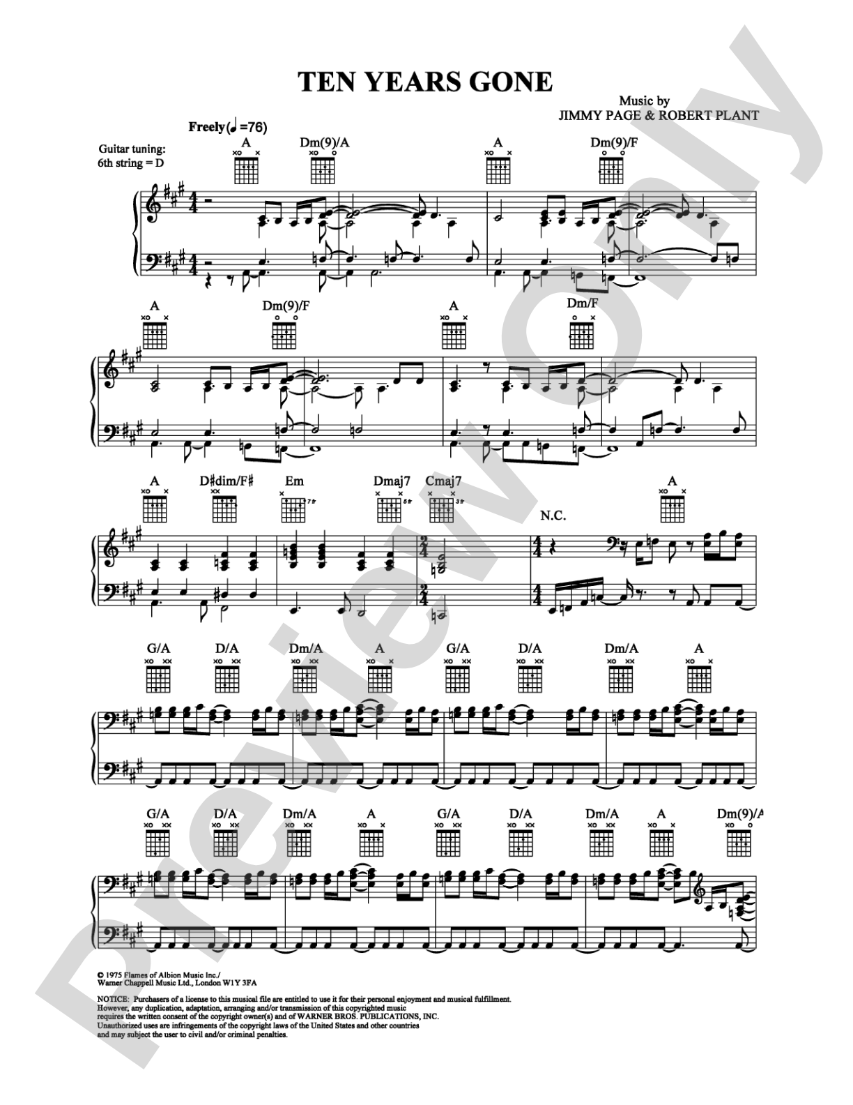 Ten Years Gone: Piano/Vocal/Chords Digital Sheet Music – Alfred Music